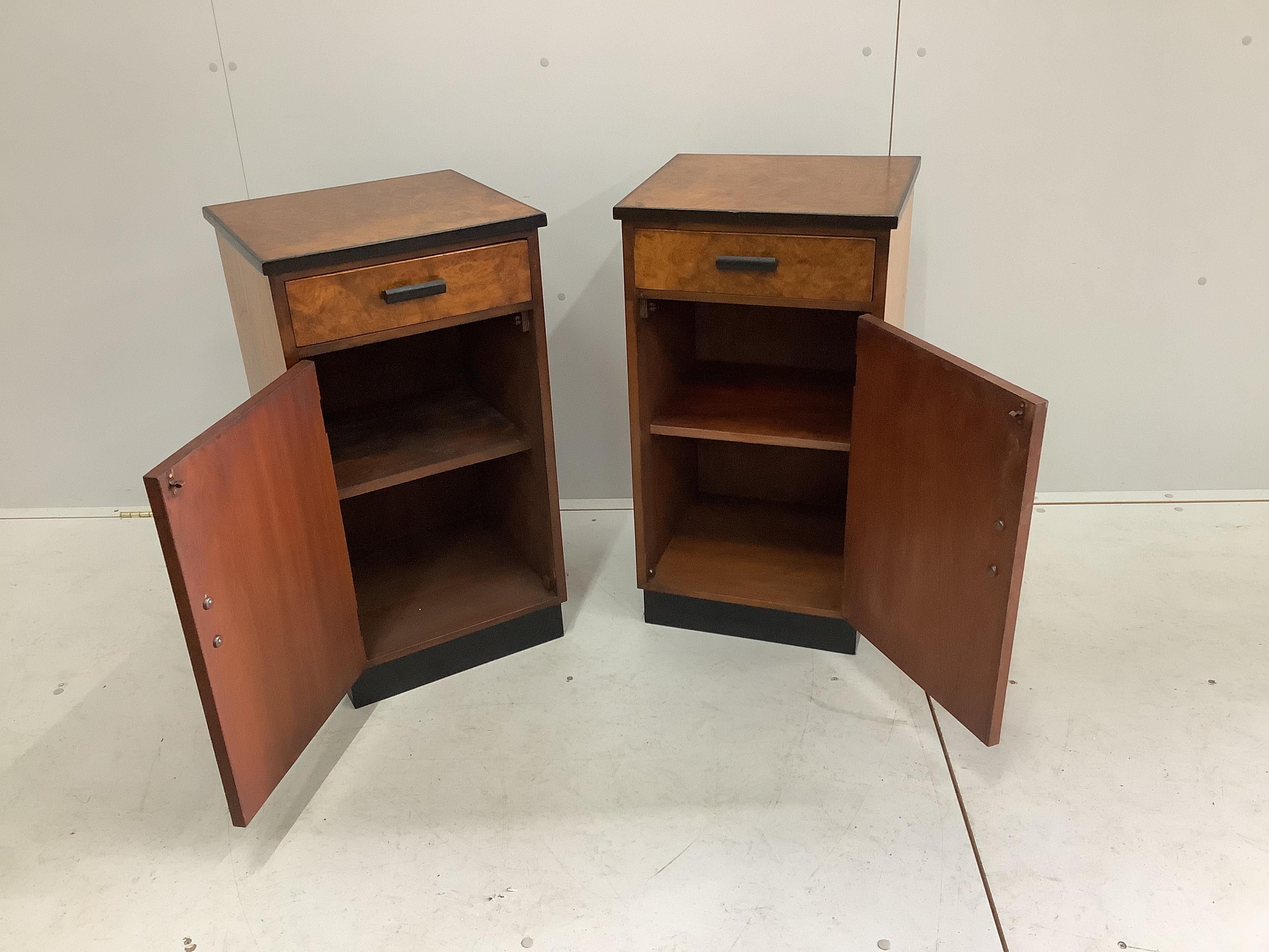 A pair of Art Deco style walnut bedside cabinets, width 41cm, depth 37cm, height 75cm